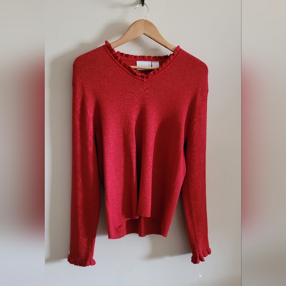 Liz Claiborne Shimmery Ruffled Ribbed Knit Top, Women's XL, Metallic Cherry Red